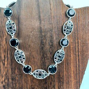 Swarovski Black Crystal Necklace With Filigree Silver-Tone Ovals & Adjustable Cl
